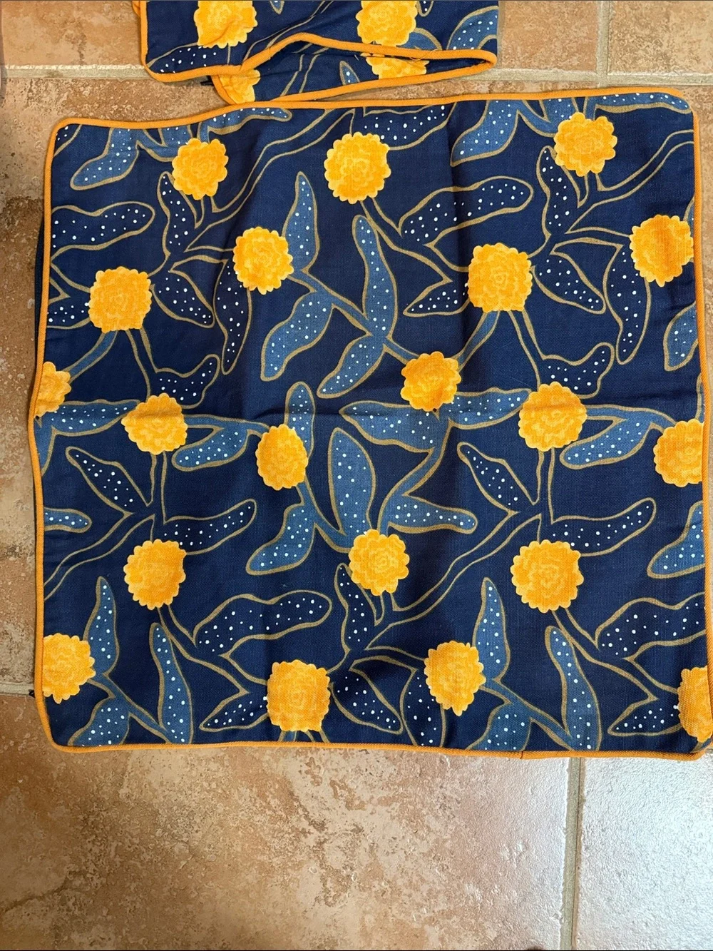 Navy Blue Floral Yellow Flower Print pillow cover, full.